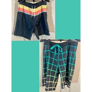 SET OF 2: Old Navy California Retro Stripe L & Neon Grid Swim Trunks 34